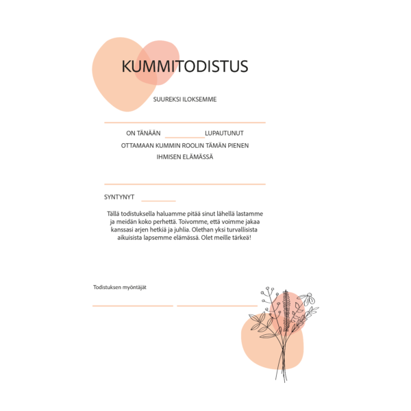 Kansikuva - Kummitodistus A4 - Minimalistinen kukkakimppu Oranssi - Itse tulostettava - Design ByO