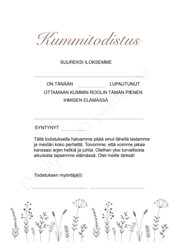 Kummitodistus A4 - Minimalist flowers - Itse tulostettava - Design ByO