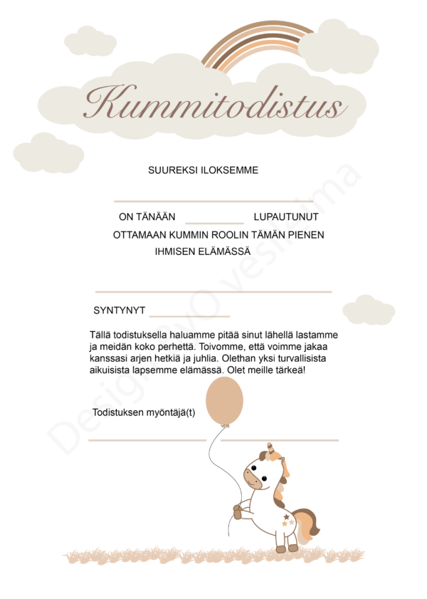 Kummitodistus A4 - Yksisarvinen- Itse tulostettava - Design ByO