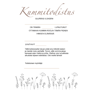 Kansi - Kummitodistus A4 - Minimalist Flowers - Itsellinen äiti - Itse tulostettava - Design ByO